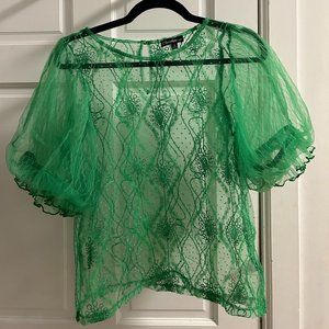 Green Sheer Embroidered Puffy Sleeved Shirt